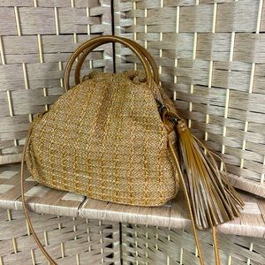 HOBO International Darling Small Woven/Leather Satchel Crossbody Bag- Brown